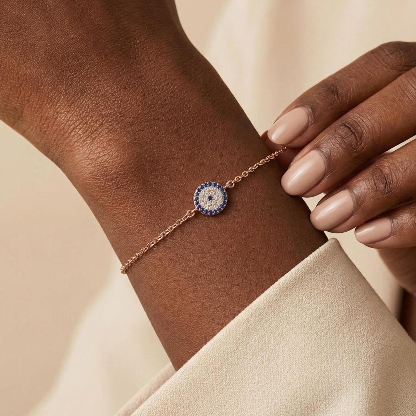 Evil Eye Bracelet, Greek Turkish Nazar Mal De Ojo Protection Bracelet, Gold Blue Eye Charm Jewelry for Women Mom, Mothers Day Gift