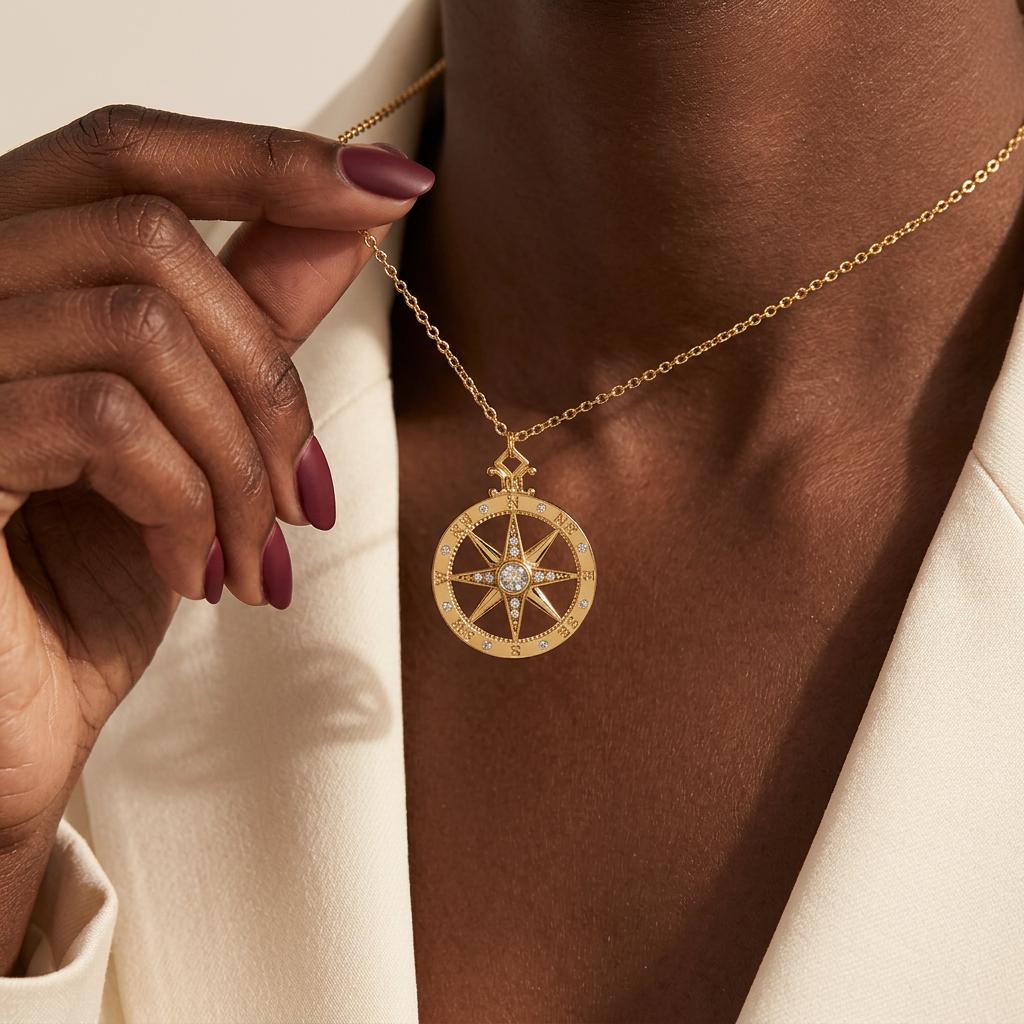 North Star Compass Necklace, Compass Coin Necklace for Women, Gold Plated Travel Pendant Jewelry, Everyday Minimal Gift for Her