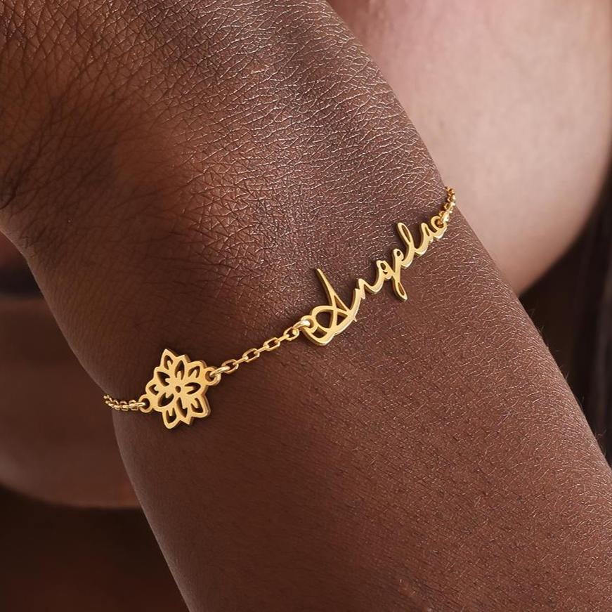 Dainty Birth Flower Name Bracelet, Personalized Bracelet with Birth Flower, Custom Flower Bracelet, Minimalist Floral Jewelry, Gift for Mom