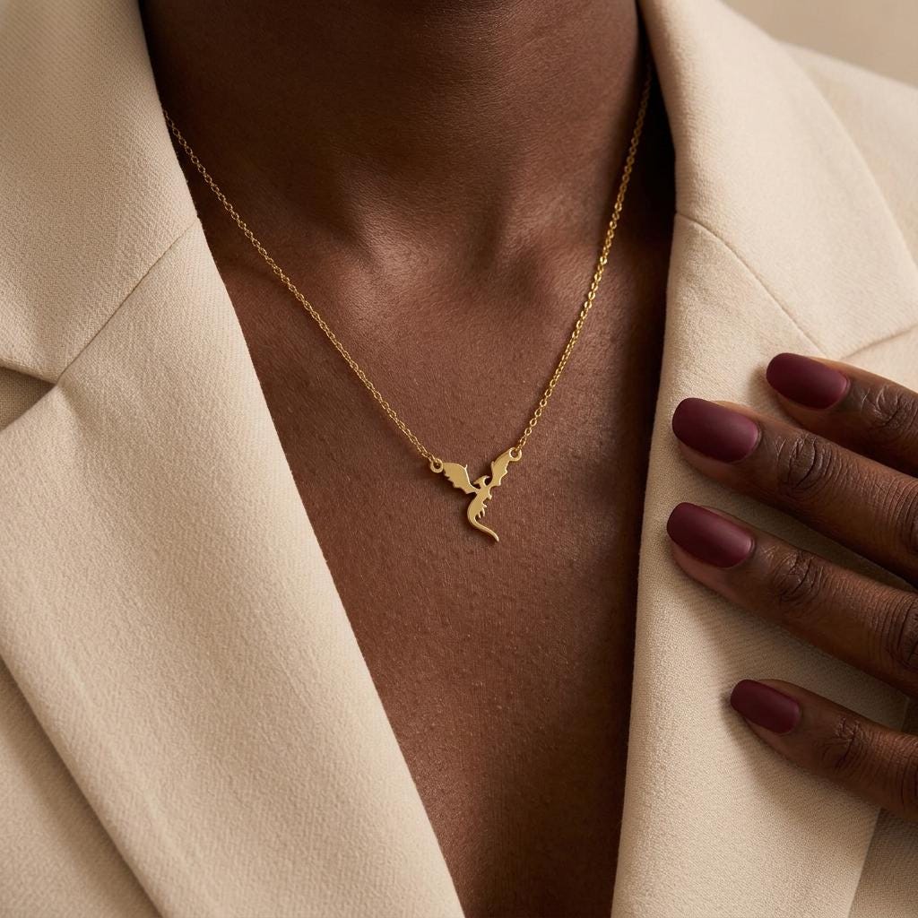 Gold Dragon Necklace, Medieval Fantasy Pendant Necklace for Women, Minimalist Animal Jewelry, Everyday Mythical Gift for Her