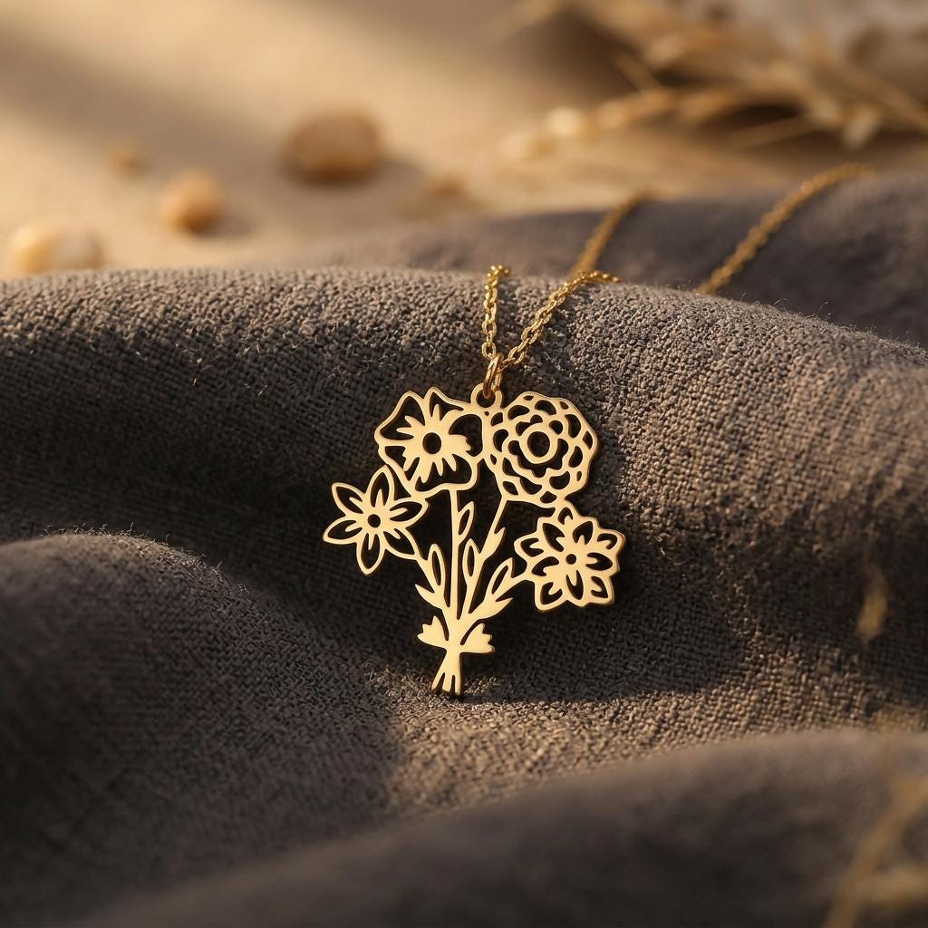 Sterling Silver Birth Flower Bouquet Necklace, Personalized Family Flower Jewelry Gift for Mom Grandma Women