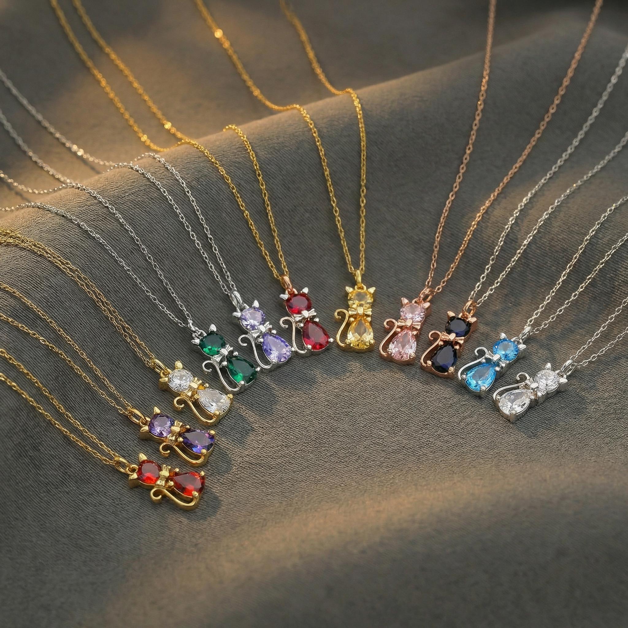 Birthstone Necklace for Women, Cat Lover Necklace, Birthday Month Gift, Kitten Necklace, Nana Gift, Sterling Silver, Mum Jewelry