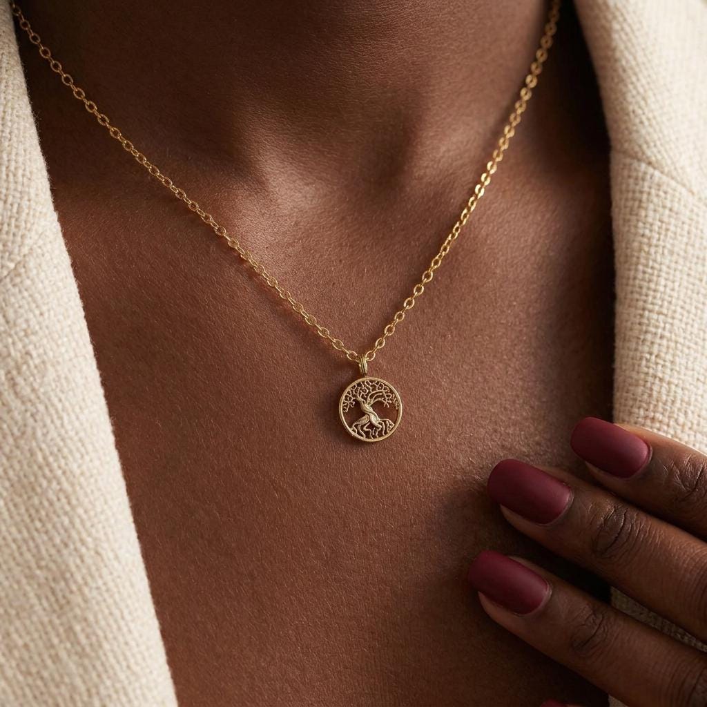 Family Tree Necklace, Gold Tree of Life Pendant for Women, Minimalist Spiritual Jewellery, Everyday Gift for Mum Nana Her