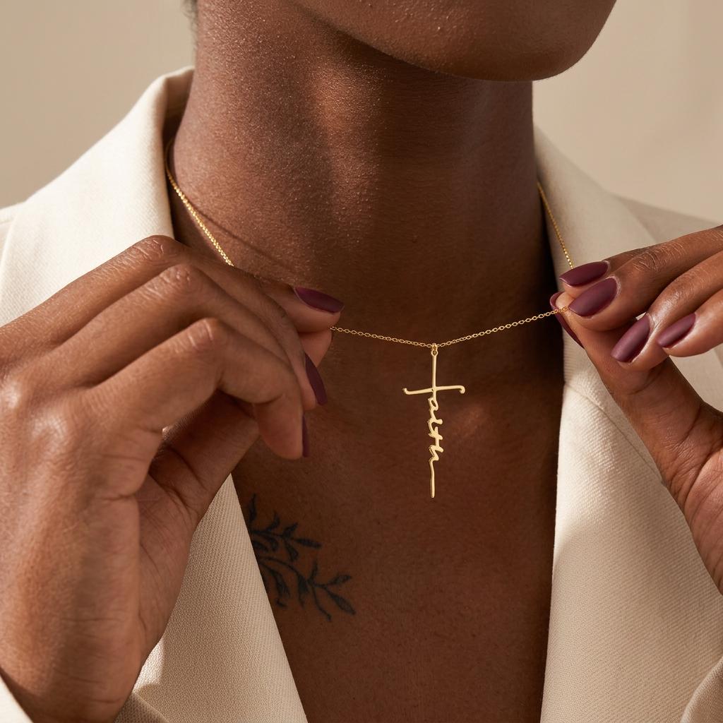 Faith Cross Necklace, Sterling Silver Cross Necklace, Dainty Christian Jewelry, Gold Cross Necklace, Gift for Mom, Baptism Gift