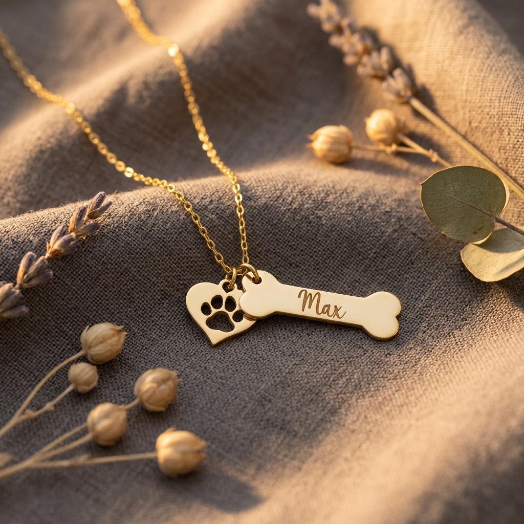 Personalized Dog Bone Necklace: Sterling Silver Paw Print Charm Name Necklace Paw & Bone Charm, Mother’s Day Gift For Mom, Grandma