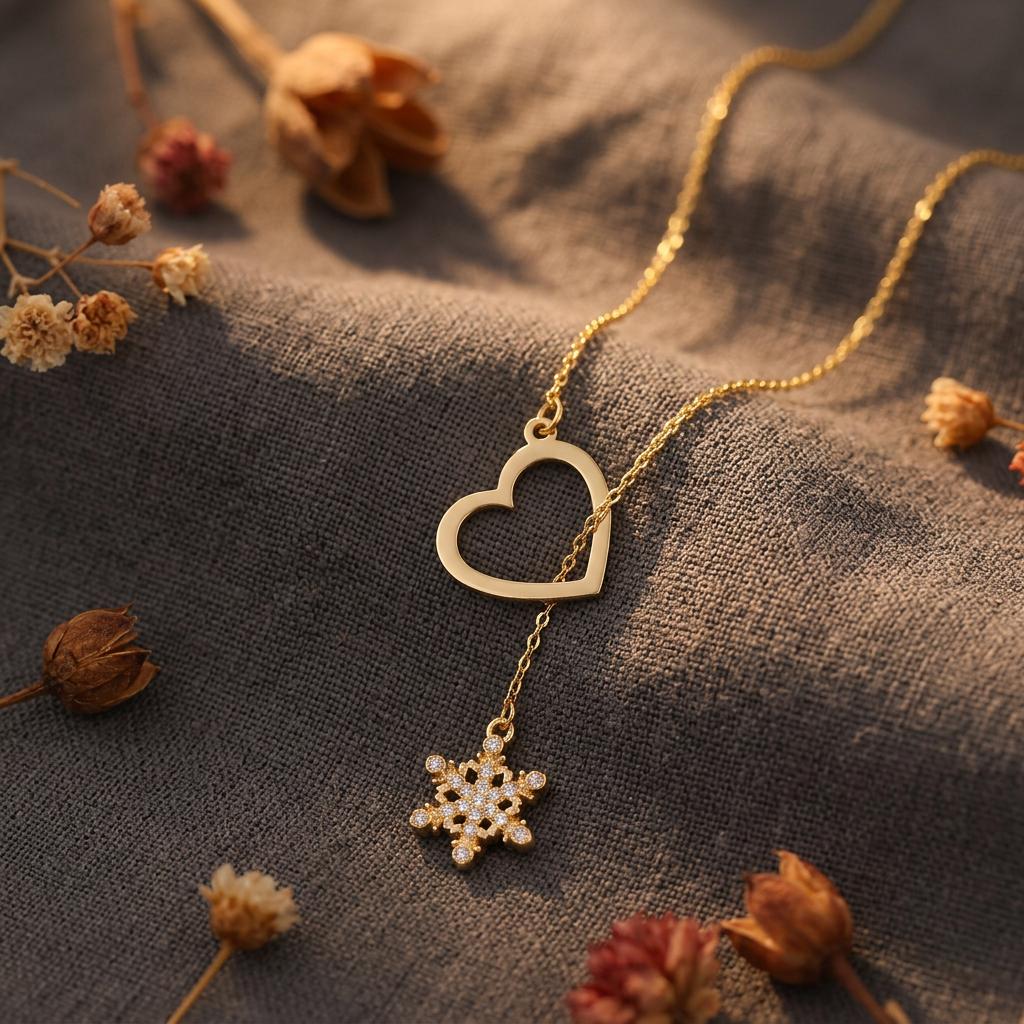 Snowflake Necklace with Heart, 925 Sterling Silver Long Y Necklace, 14K Gold or Rose Plated Heart Lariat Necklace,Gift For Mom,Nana