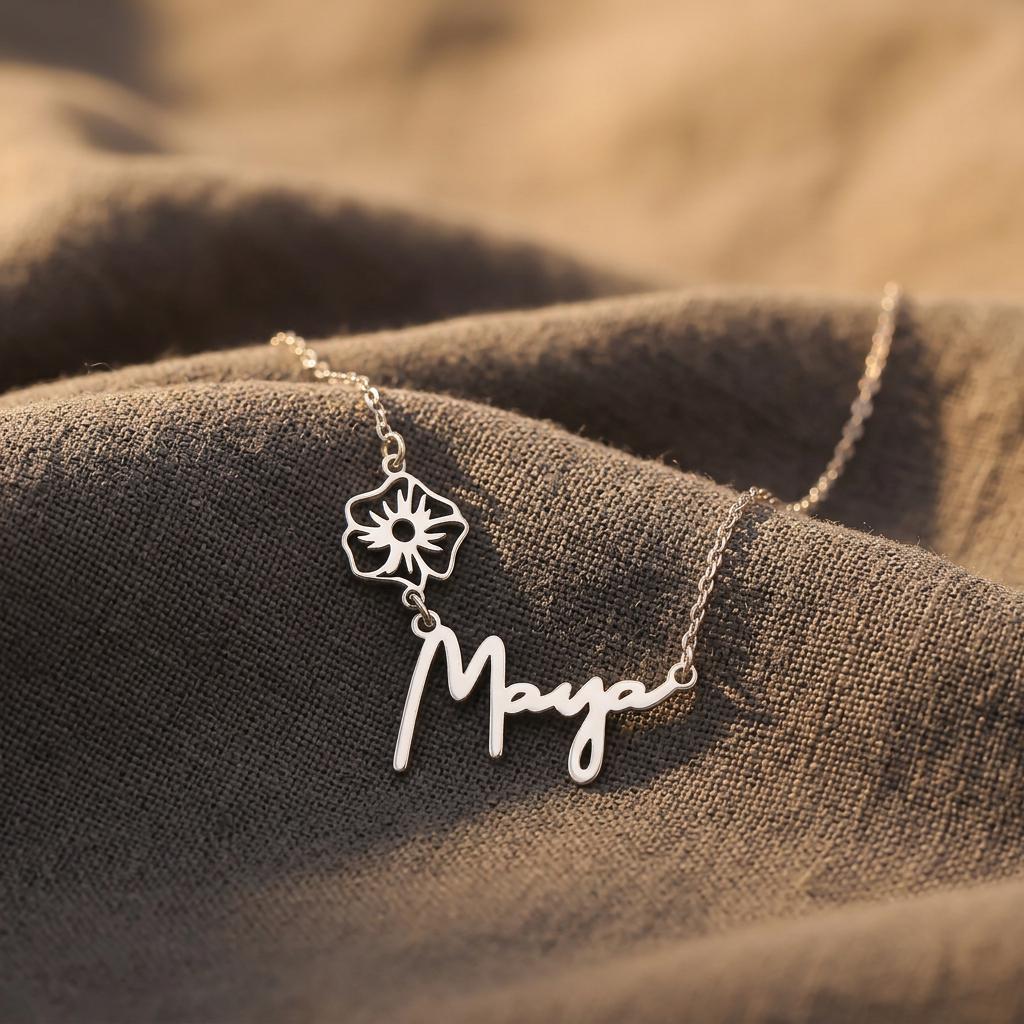Birth Flower Name Necklace, Personalised Floral Name Jewellery, Custom Birth Flower Necklace, Meaningful Gift for Mum, Family Gift