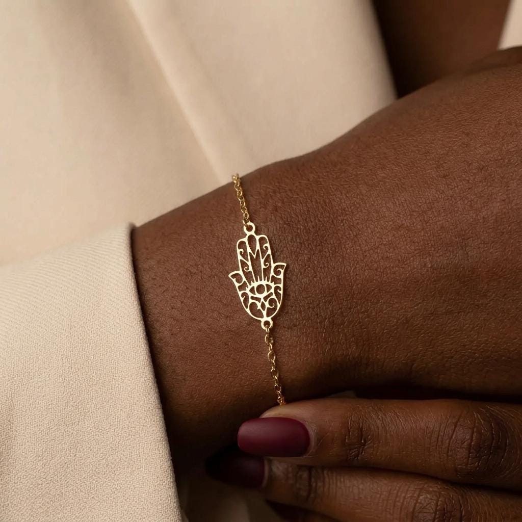 Personalized Hamsa Bracelet: Sterling Silver Fatima Hand, Custom Birthstone ,Minimalist Bracelet Mothers Day Gift For Mom,Grandma