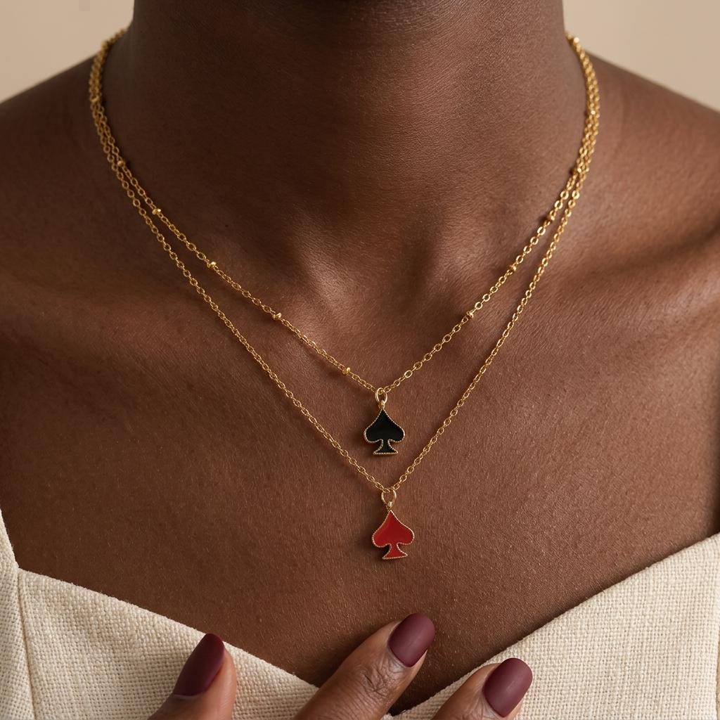 18k Gold Plated Enamel Cute Spades Necklace, Playing Card Necklace, Ace of Spades Necklace, Las Vegas Necklace, Poker Gift for her
