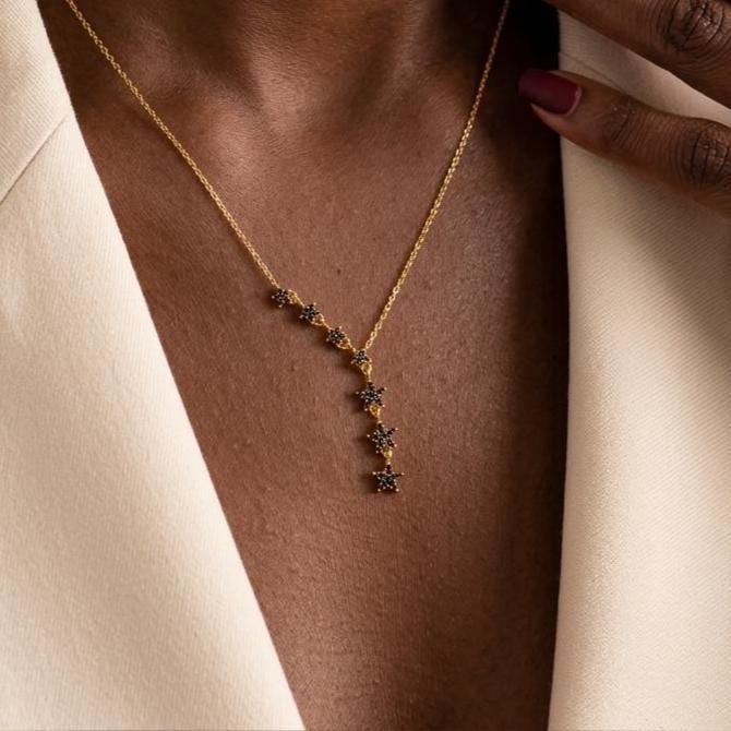 Star Y Necklace • Black Zircon Star Jewelry • Sequential Star Pendant • Dainty Y Necklace • Lariat Star Necklace For Mum, Nana