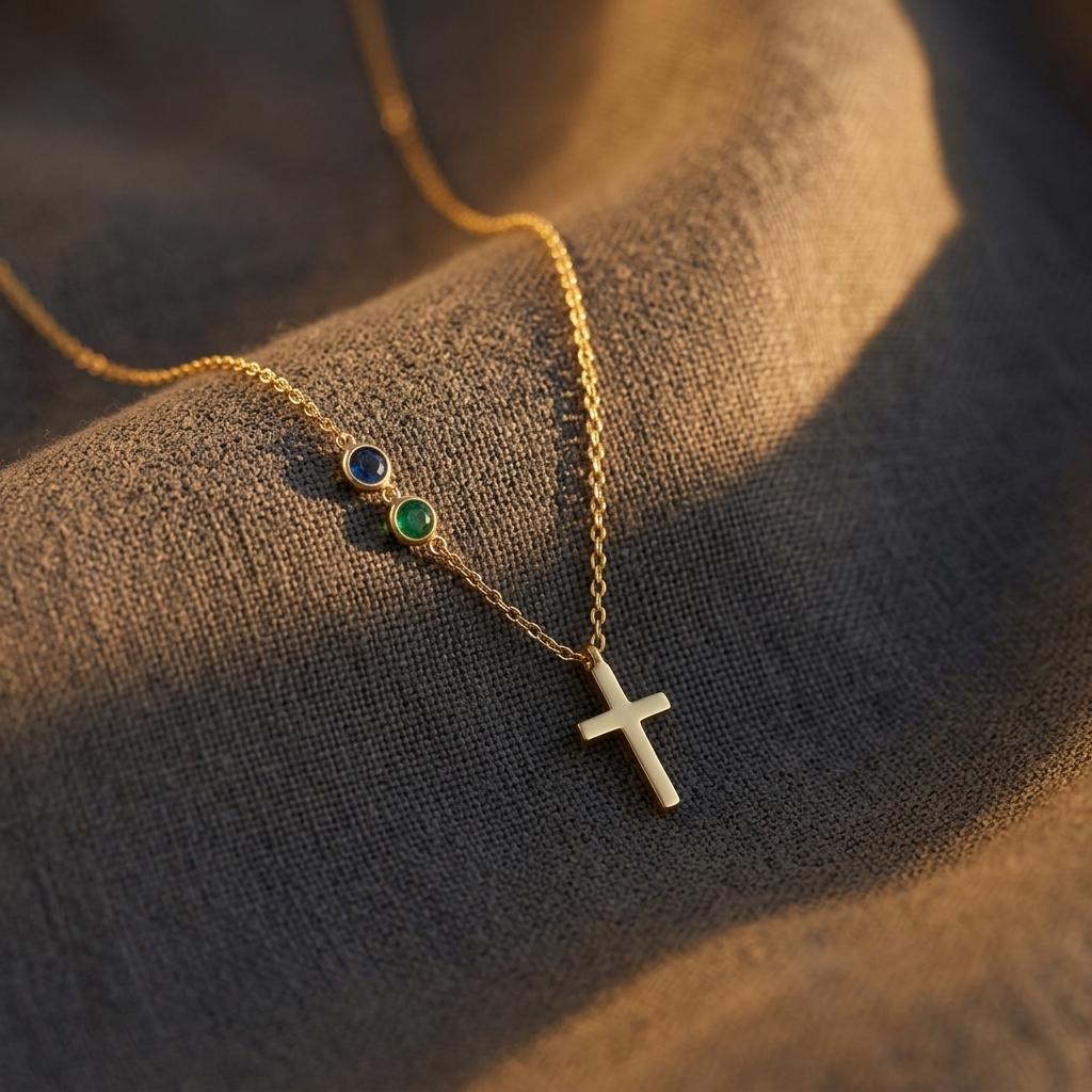18k Gold Birthstone Cross Necklace: Personalized Family Necklace for Mom and Grandma, Baptism Gift,Confirmation Gift,Gift for Mom