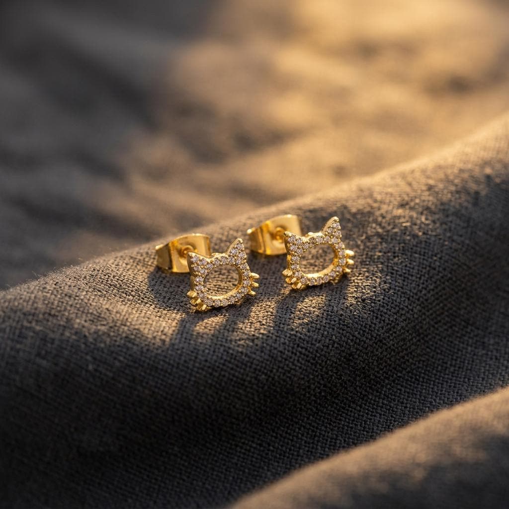 18K Gold Plated Tiny Cat Pave Stud Earrings, Animal Lovers Earrings, Everyday Earrings, Gift for her, Earrings for Women, Dainty Cat Jewelry