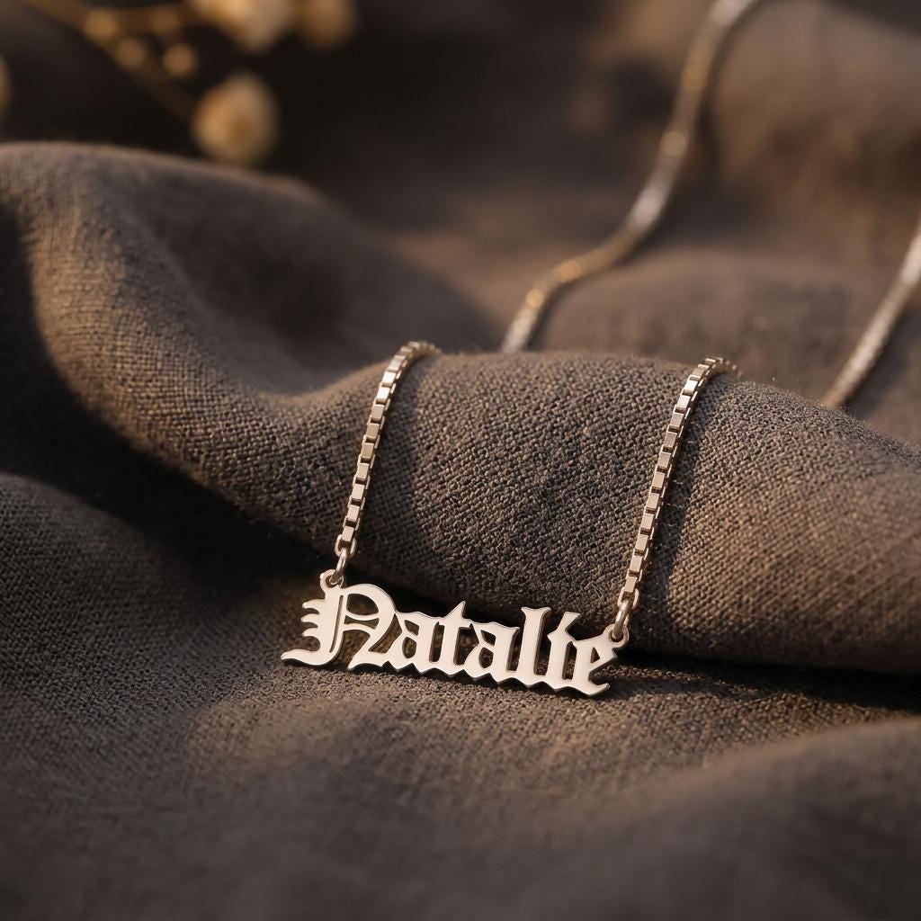 Old English Name Necklace, Personalised Gothic Nameplate Jewellery, Dainty Goth Font Necklace Gift for Her Women Mum