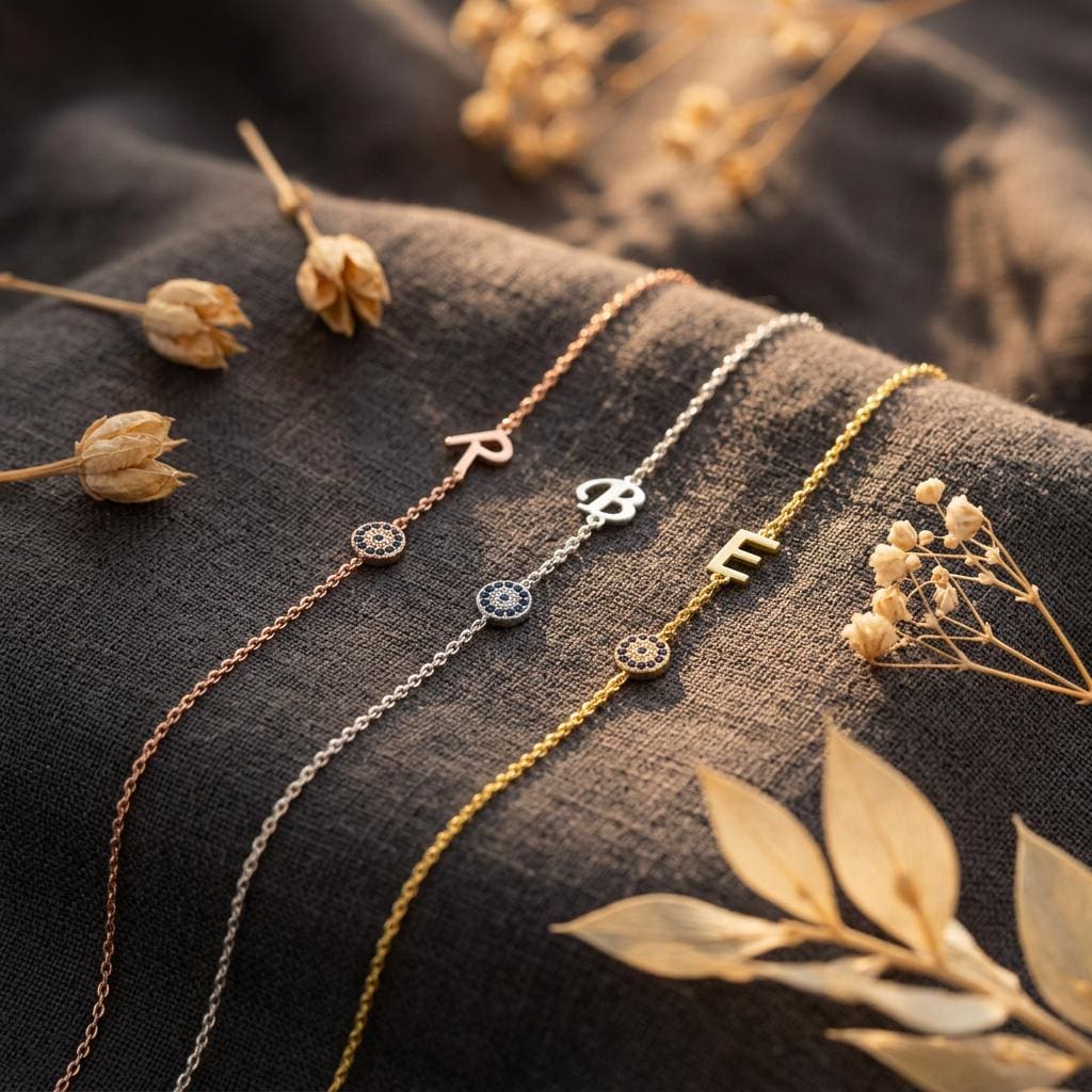 Evil Eye Bracelet with initial, Dainty Initial Evil Eye Bracelet, Personalized Letter Bracelet with Protective Jewelry, Gift For Mom,Grandma