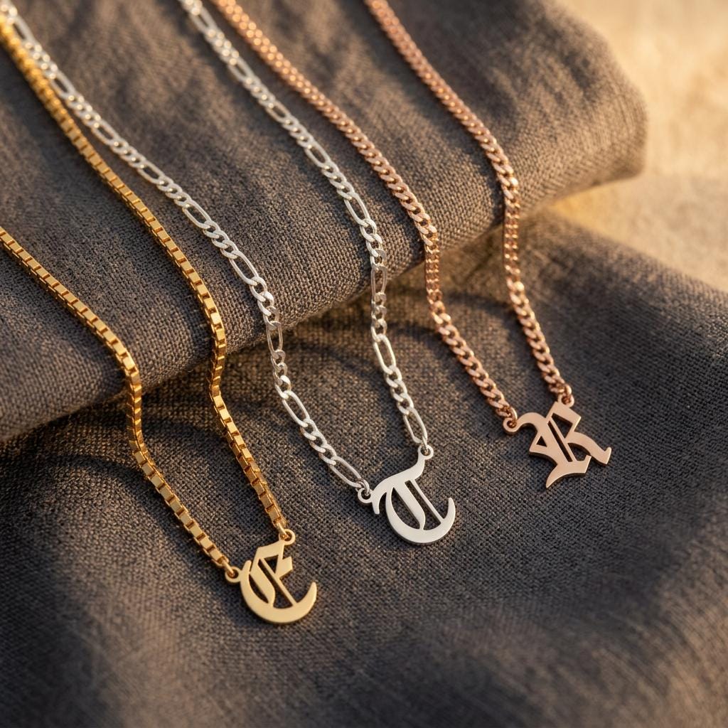 Old English Letter Necklace, Personalised Gothic Initial Jewellery, Dainty Name Necklace, Meaningful Gift for Her Women Mum