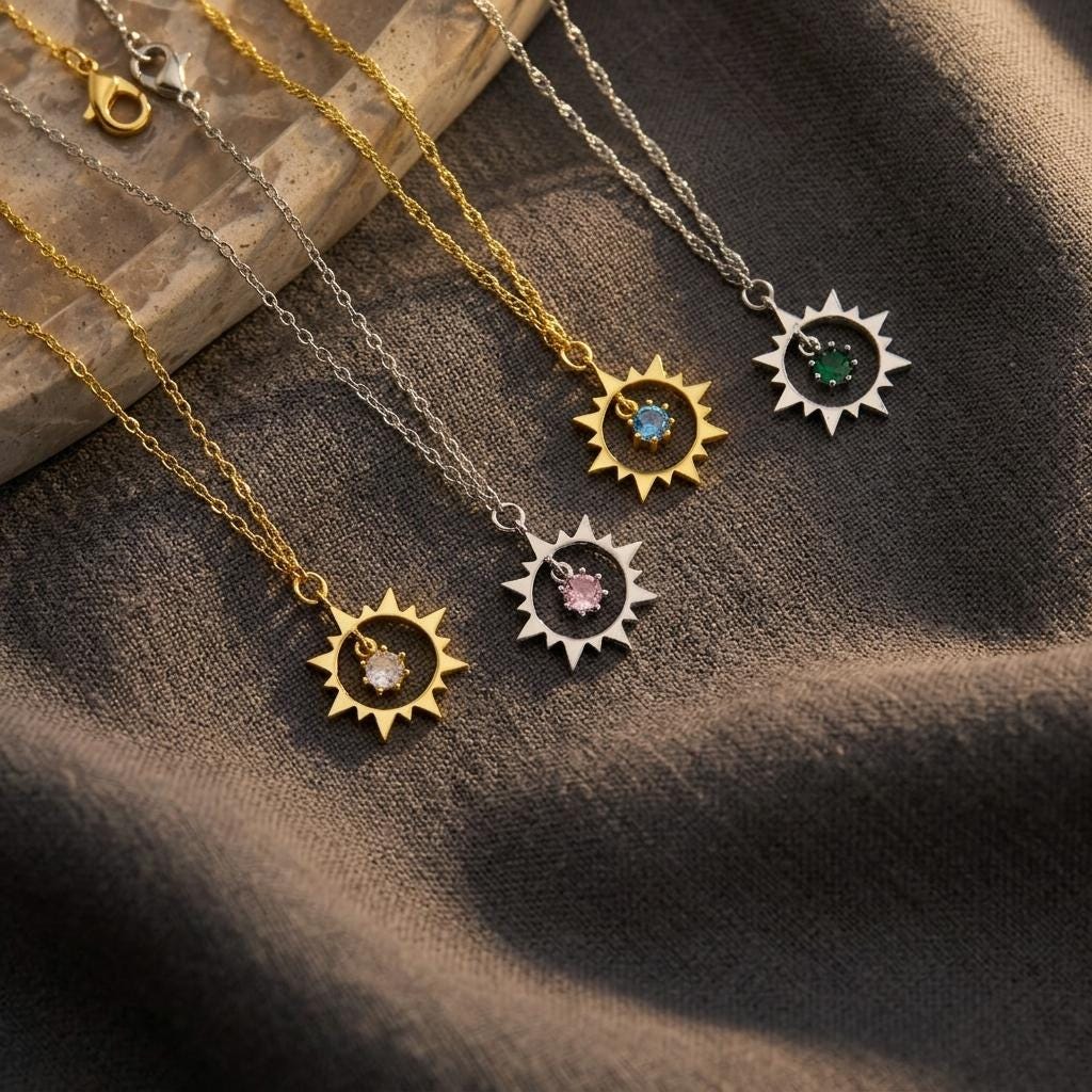 Sun Necklace with Custom Birthstone,Personalized Necklace for Women,Celestial Starburst Pendant,Birthday Gift for Her, Mom,Grandma