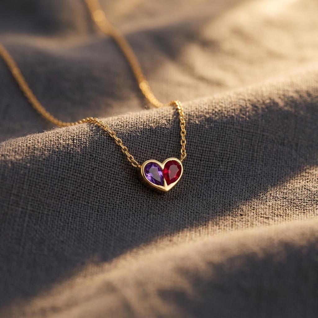 Tiny Heart Birthstone Necklace, Minimalist 2 Birhtstone Necklace, Lovers Birthstone Birthstone Jewelry, Birthday Gift,Mothers Day Gift