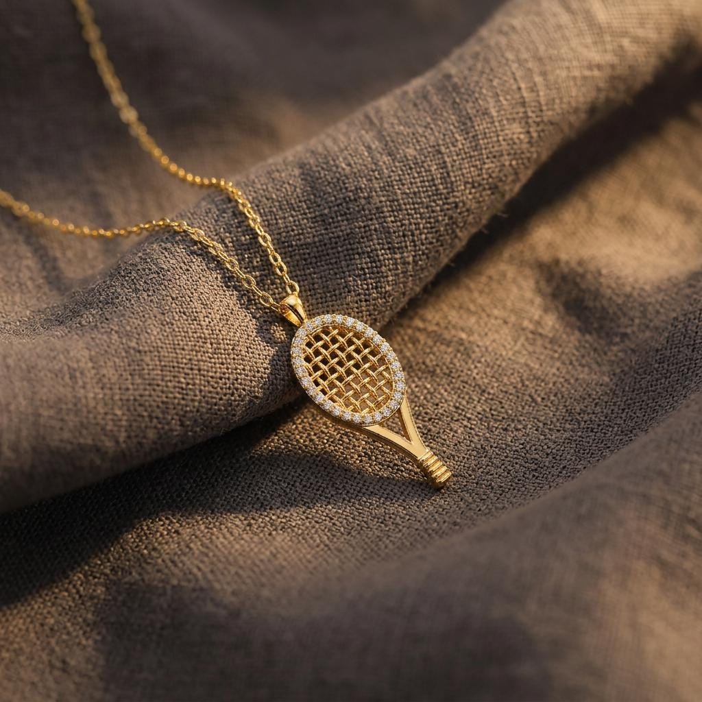 Gold Pave Tennis Racket Pendant Necklace, Custom Jewelry, Sport Necklace, Everyday Jewelry, Gift for Her Women