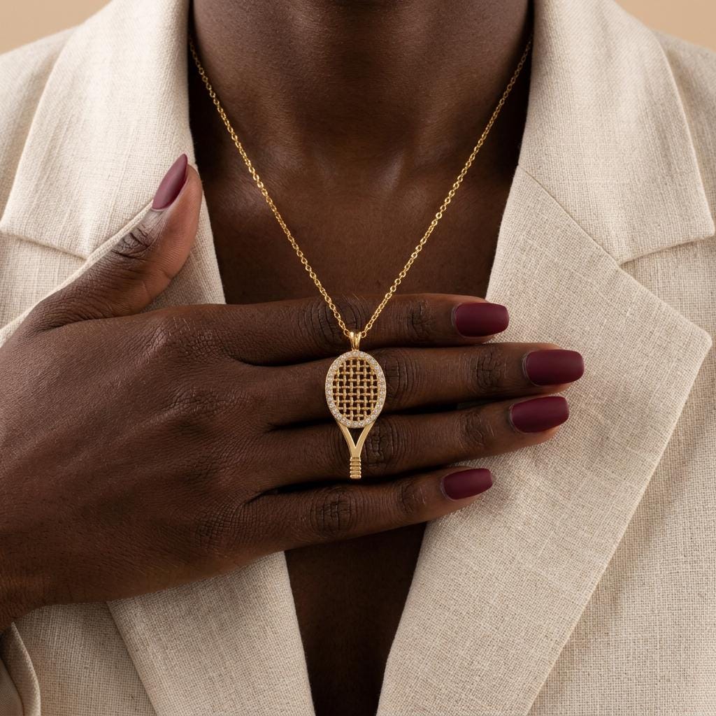 Tennis Racket Necklace, Gold Pave Racket Necklace, Tennis Lovers Jewelry, Sport Necklace, Everyday Jewelry, Gift for Her Women