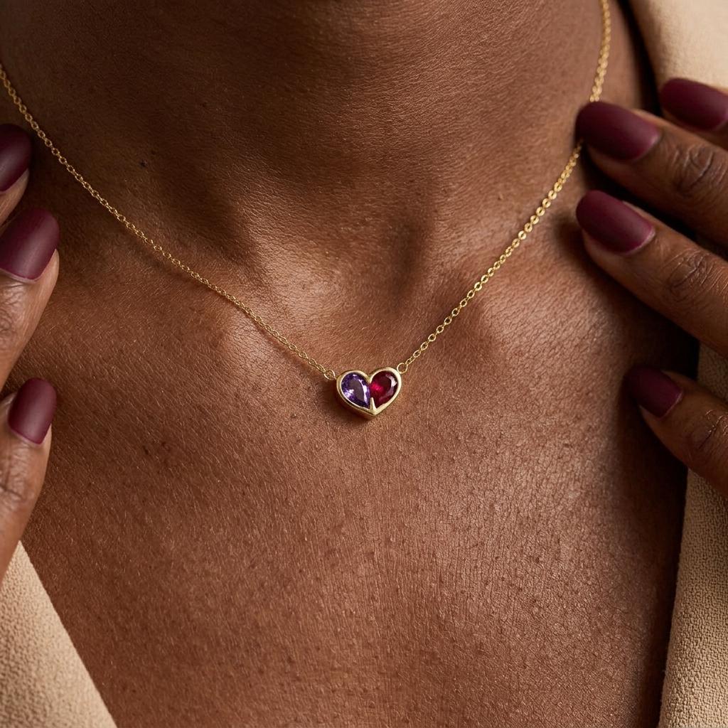 Lovers Birthstone Matching Heart Necklace,Minimalist Heart Birthstone Necklace,Gift For Girlfriend, Love Anniversary Family Mothers Day Gift
