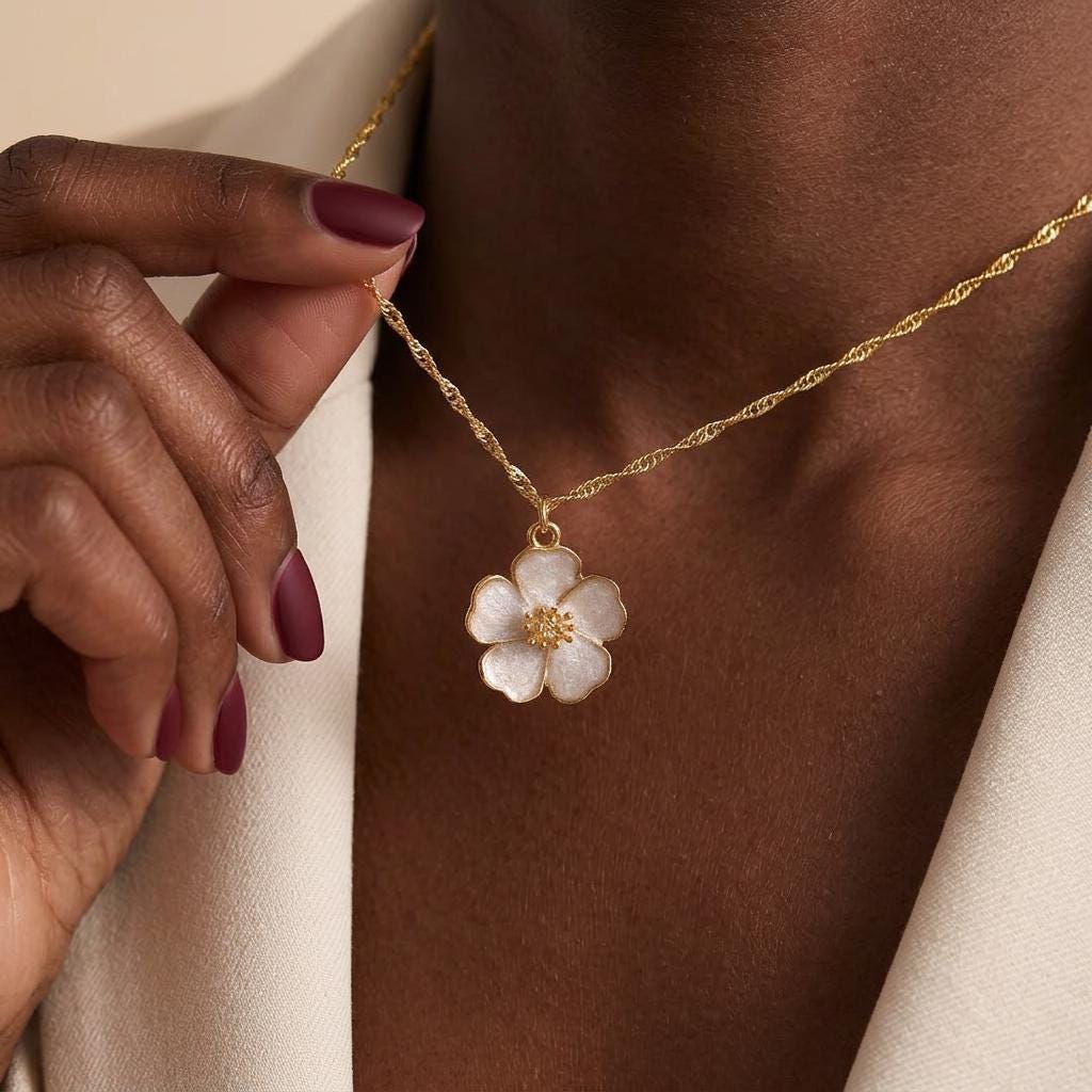 Gold Enamel Sakura Flower Necklace, Cherry Blossom Necklace, Dainty Flower Necklace, Minimalist Floral Necklace, Gift for Her