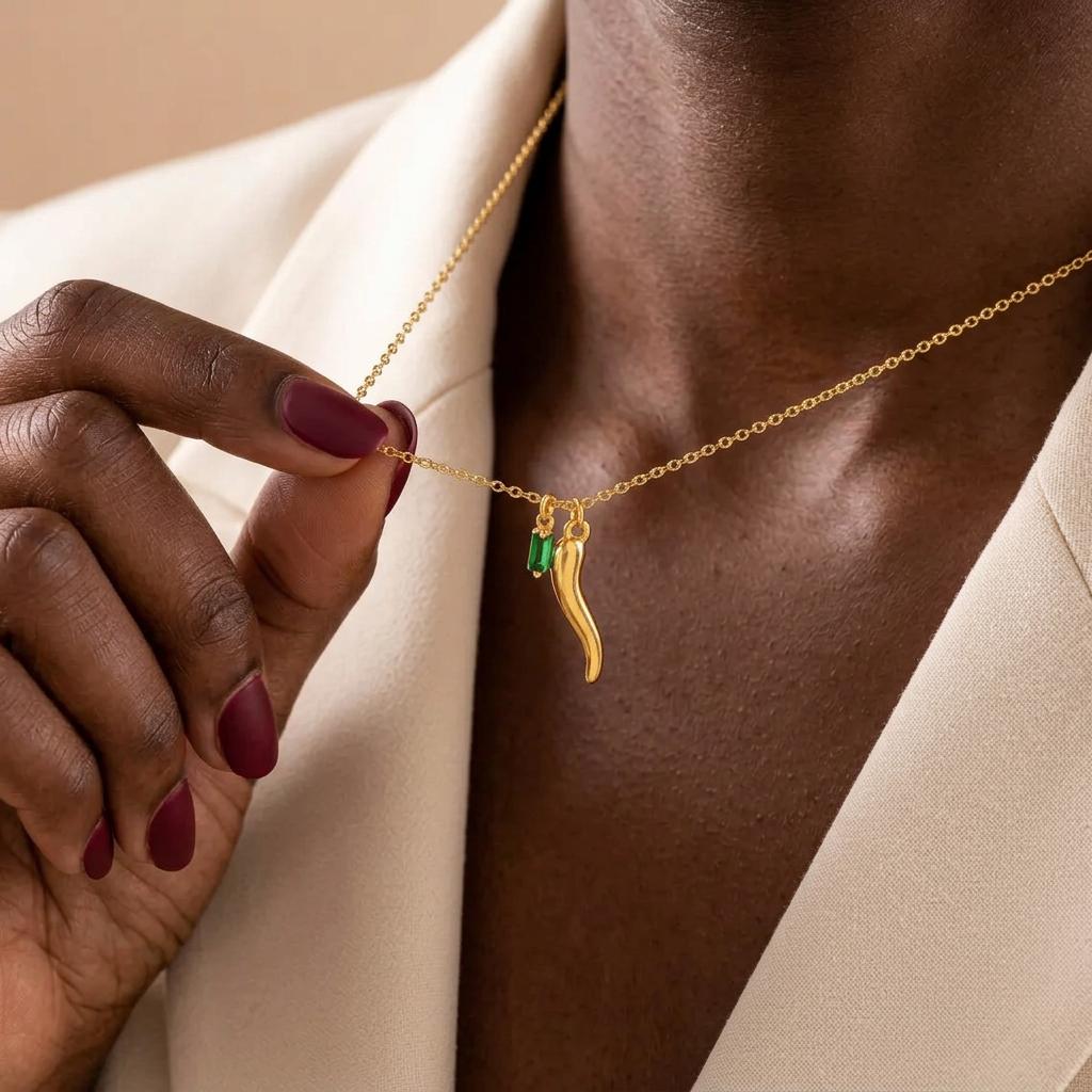 Cornicello Birthstone Necklace, Gold Italian Horn Necklace, Lucky Protection Necklace, Personalized Birthstone Necklace, Gift for Her