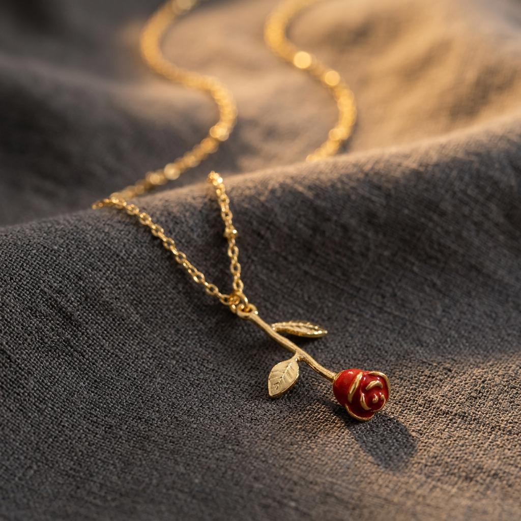 18k Gold Plated White Red Enamel Rose Flower Necklace, Rose Necklace, Flower Necklace, Everyday Necklace, Gift for Her, Nana, Mom