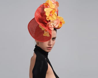 Orange Wide Brim Flower Fascinator Occasion Hat, Wedding Hair Accessory for Races & Garden Party
