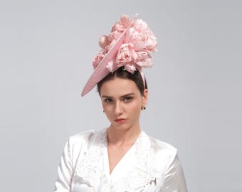 Pink Feather Flower Fascinator Hatinator, Elegant Wedding Headband for Garden Party, Races & Tea Party