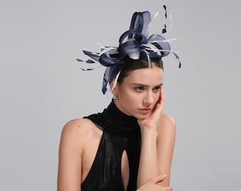 Royal Blue Feather Flower Fascinator Hat, Wedding Hair Accessory for Races, Party & Formal Events