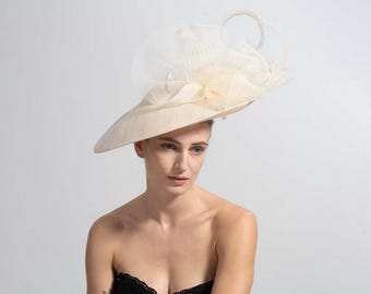 Beige Wide Brim Fascinator Hatinator,Wedding Hair Accessory for Races,Tea & Garden Party
