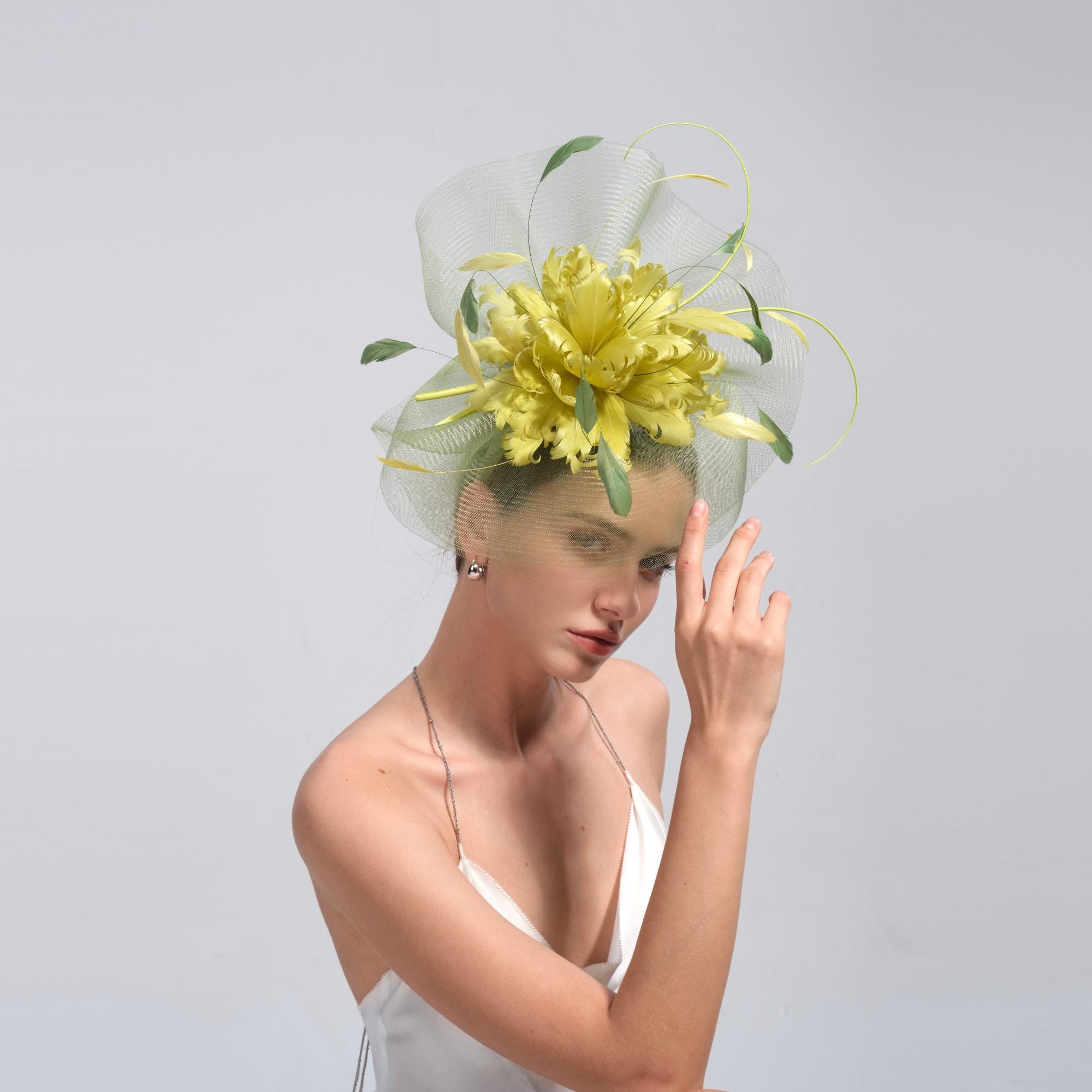 Light Green Yellow Feather Flower Fascinator Hat, Wedding Hair…