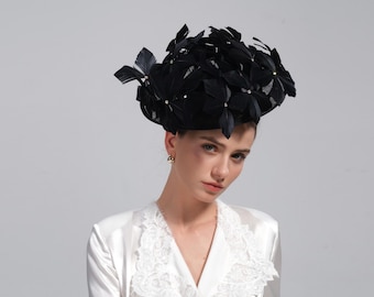 Black Feather Flower Fascinator Hatinator,Wedding Hair Accessory for Races, Tea & Garden Party