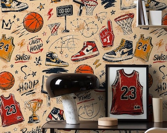 Basketball Wallpaper, Vintage NBA Wall Mural Sports, Retro Inspired Pattern, Peel and Stick Removable Boys Room Decor