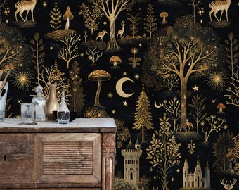 Papel tapiz mural de bosque encantado, dorado, negro, despegable y adhesivo, papel tapiz de bosque de cuento de hadas extraíble