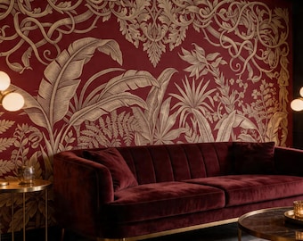 Papel pintado botánico rojo, mural vintage de la selva, papel pintado floral tropical autoadhesivo y removible.
