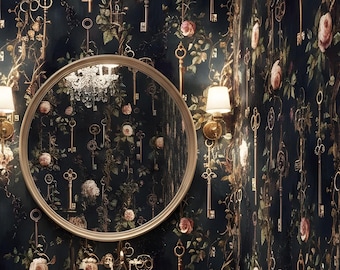 Vintage Key and Rose Wallpaper Gothic Dark Botanical Peel Stick Academia Mural Floral Non Woven Wallpaper