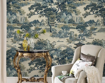 Blau Chinoiserie Wandbild Toile Landschafts-Tapete Asiatischer Schalen-Stock-szenischer entfernbarer traditioneller Tapeten
