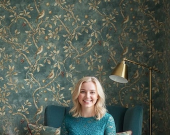 Chinoiserie Mural Wallpaper Teal Peel Stick Botanical Bird Vintage Japandi Wall Paper Removable
