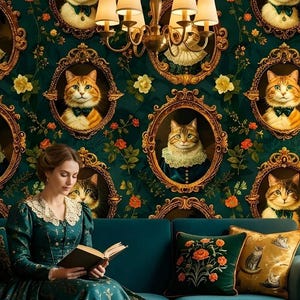 Op de afbeelding: Een vrouw in een teal jurk leest op een teal bank in een kamer met kattenportretten behang. Het behang toont ingelijste portretten van katten in formele kleding. Een gouden bijzettafel heeft een lamp en bloemen.