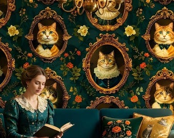 フレーム入りの猫の壁紙 ビクトリア朝風壁画 ダークグリーン 剥がして貼れる ロイヤルフローラル 取り外し可能な壁紙