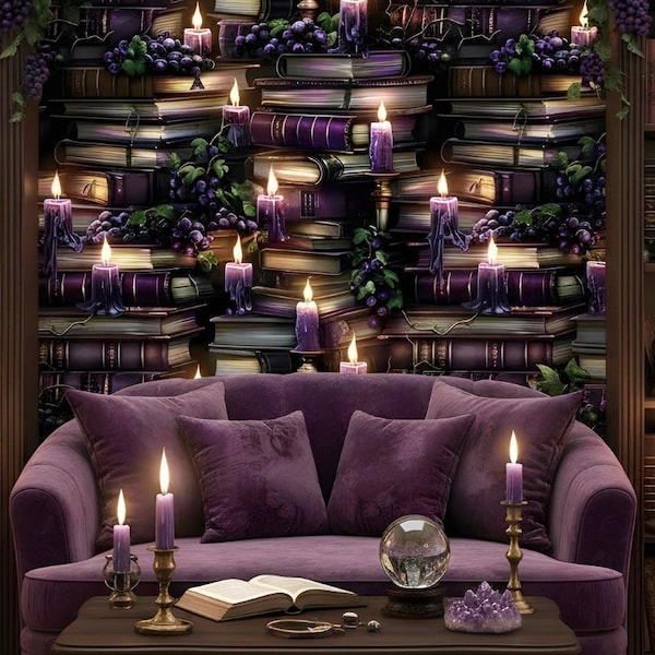 Dark Academia Wallpaper Witchy Mural Gothic Peel and Stick Candles Wall Paper Library Books Removable Non Woven Purple Gold