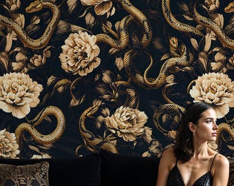 Papier peint serpent gothique foncé, papier peint floral botanique doré, papier peint serpent de luxe amovible