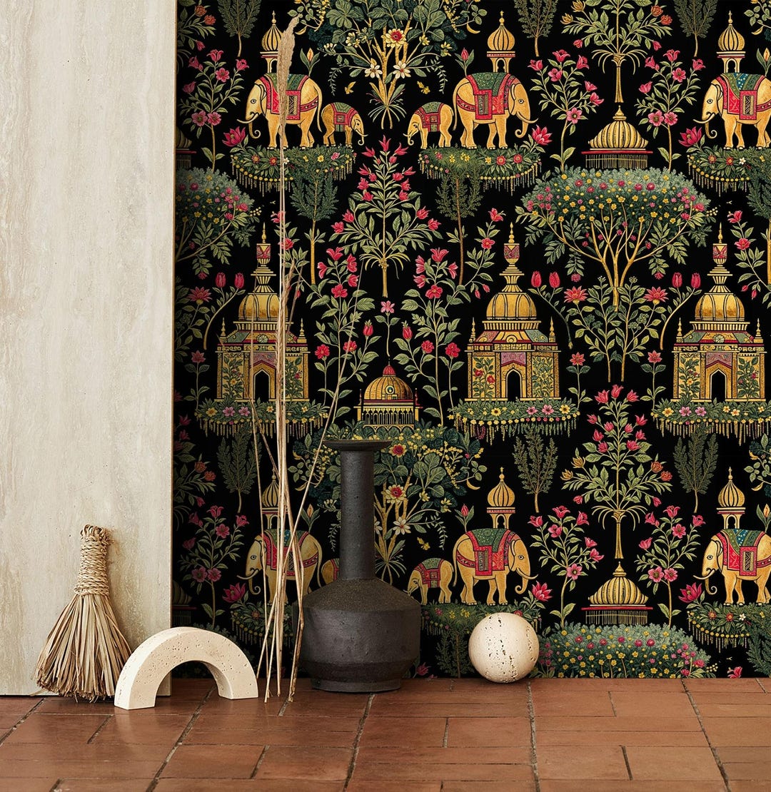 Indian Wallpaper Mughal Elephant: Peel and Stick Vintage Mural Floral ...