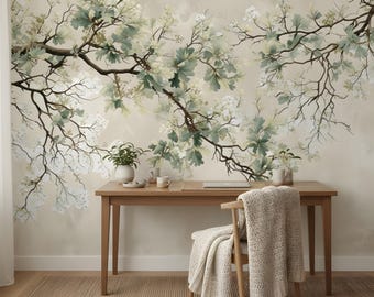 Papel pintado floral removible con diseño floral de rama, estilo chinoiserie beige, mural botánico autoadhesivo.