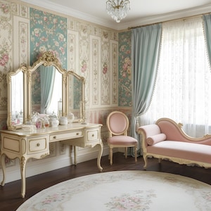 K&ouml;nnte beinhalten: Ein luxuri&ouml;ses Schlafzimmer mit floraler Tapete, einem Schminktisch mit dreifachem Spiegel, einer Chaiselongue und einem runden Teppich. Der Raum ist in sanften Rosa-, Creme- und Blaut&ouml;nen gehalten und schafft eine romantische und elegante Atmosph&auml;re.