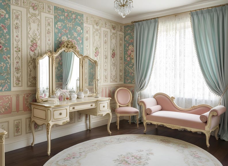 K&ouml;nnte beinhalten: Ein luxuri&ouml;ses Schlafzimmer mit floraler Tapete, einem Schminktisch mit dreifachem Spiegel, einer Chaiselongue und einem runden Teppich. Der Raum ist in sanften Rosa-, Creme- und Blaut&ouml;nen gehalten und schafft eine romantische und elegante Atmosph&auml;re.