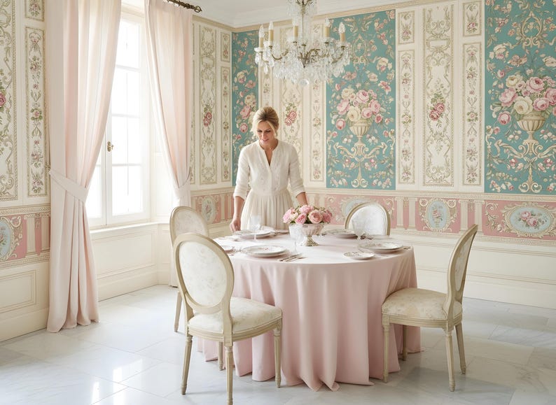 K&ouml;nnte beinhalten: Ein Esszimmer mit einem runden Tisch, der f&uuml;r eine Mahlzeit gedeckt ist. Der Tisch ist mit einer rosa Tischdecke bedeckt und von vier cremefarbenen St&uuml;hlen umgeben. Die W&auml;nde sind mit floralen Tapeten und rosa Vorh&auml;ngen dekoriert.