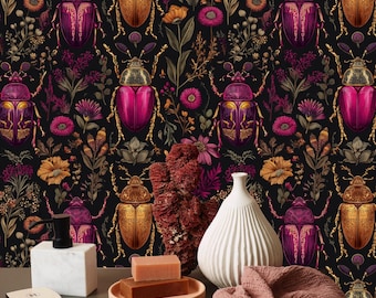 Beetle Wallpaper Botanical Wall Paper Insect Mural Vibrant Bugs Peel and Stick Removable