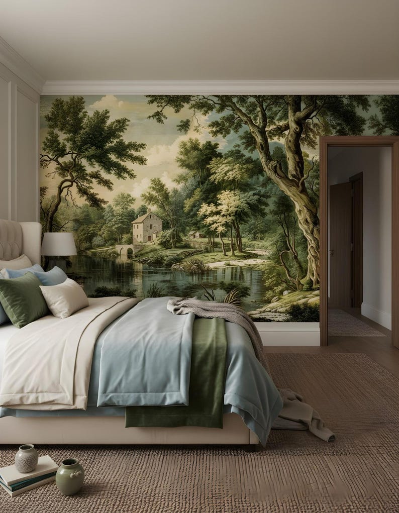 Landscape Wallpaper Watercolor Mural Vintage Peel Stick Pastoral Wall ...